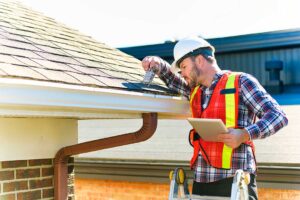 A roofing crew removing old shingles and installing new materials on a suburban house on a sunny day.