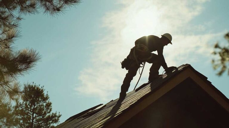 A close-up view of different roofing materials installed on a home, including metal, slate, and shingles.